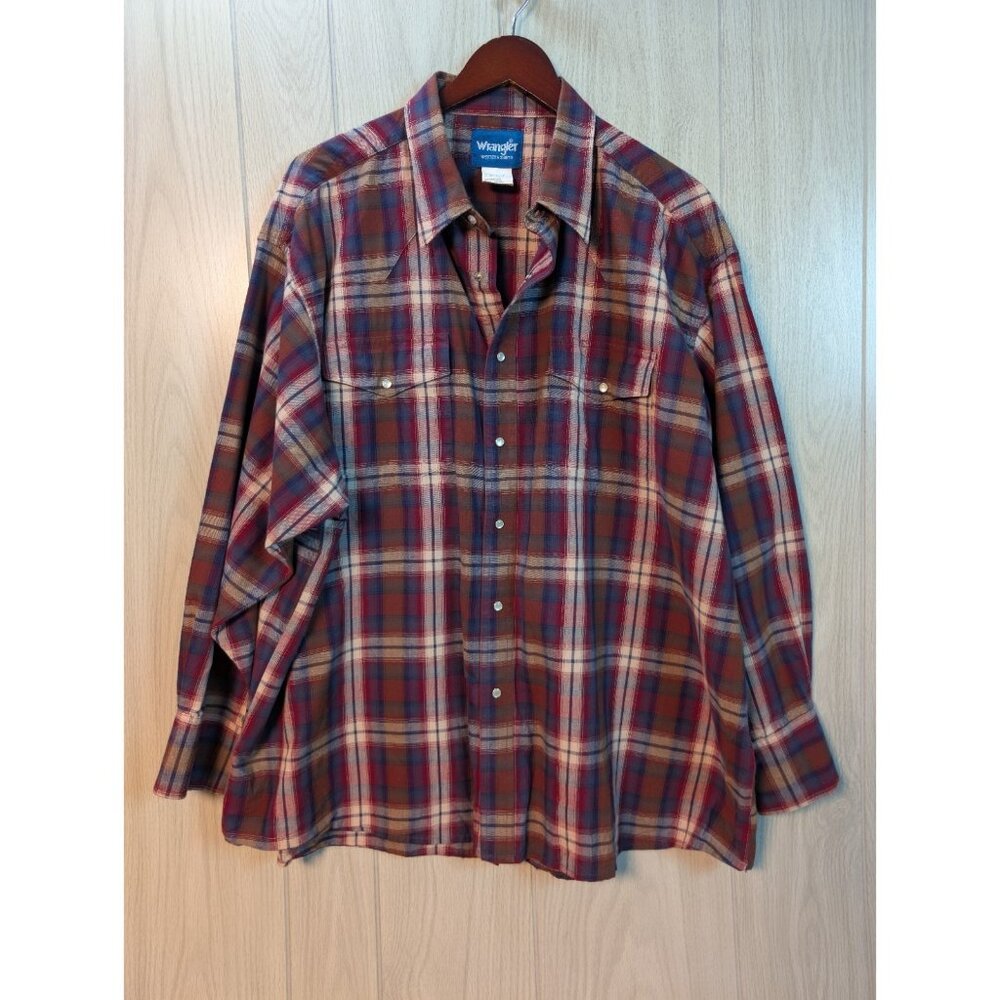 VTG Wrangler Western Shirt Mens 3X Red Plaid Pearl Snap Cowboy Long Sleeve